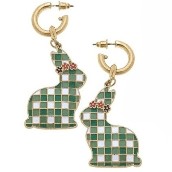 Canvas Style Stella Green White Gingham Bunny Hoop Dangle Earrings Easter Spring - Picture 1 of 4